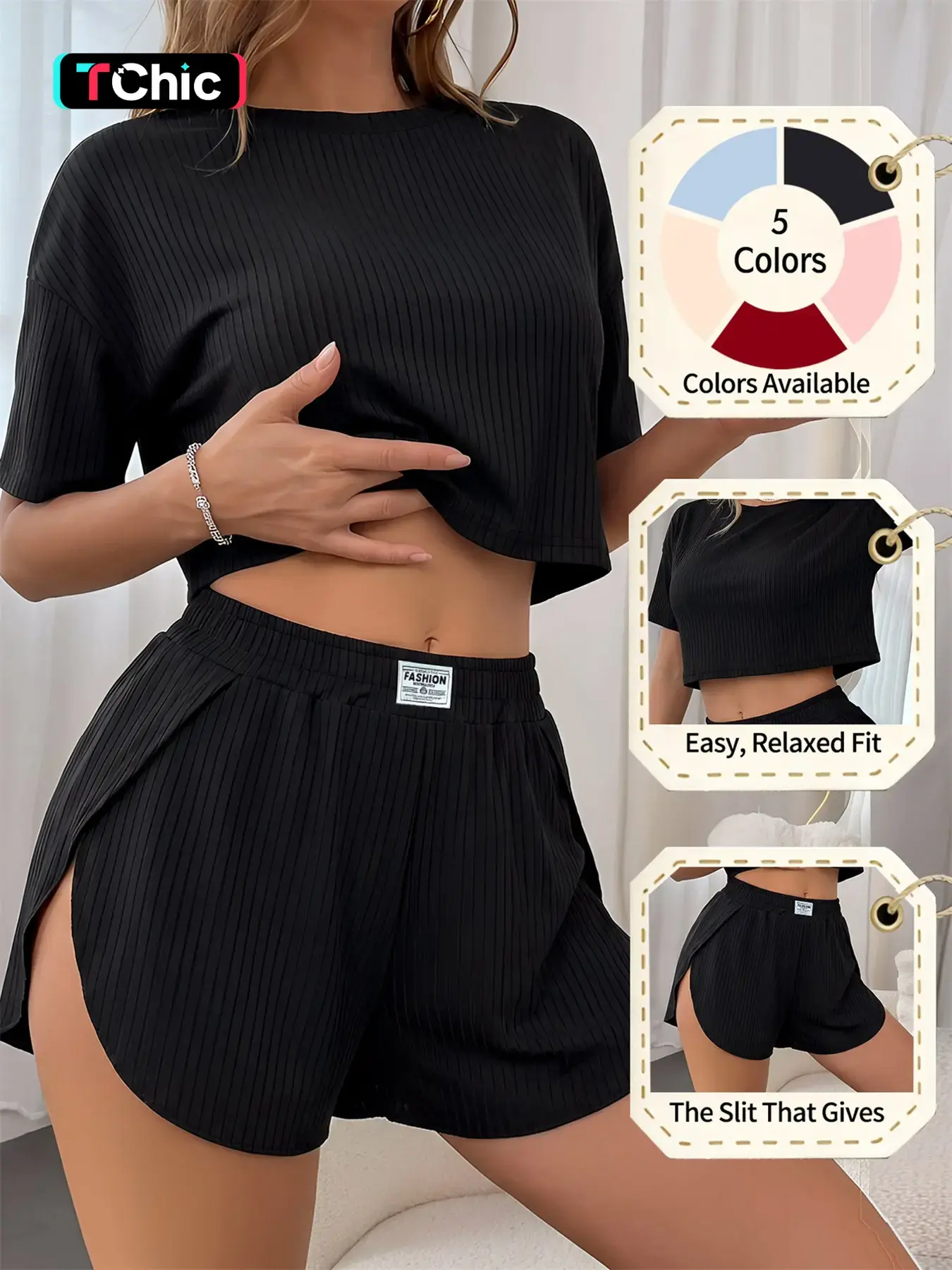 Women's Spring Summer Pajama Set, Plain Fitted Casual Sleepwear Loungewear, Short Sleeve Top and High Split Shorts, Comfortable Home