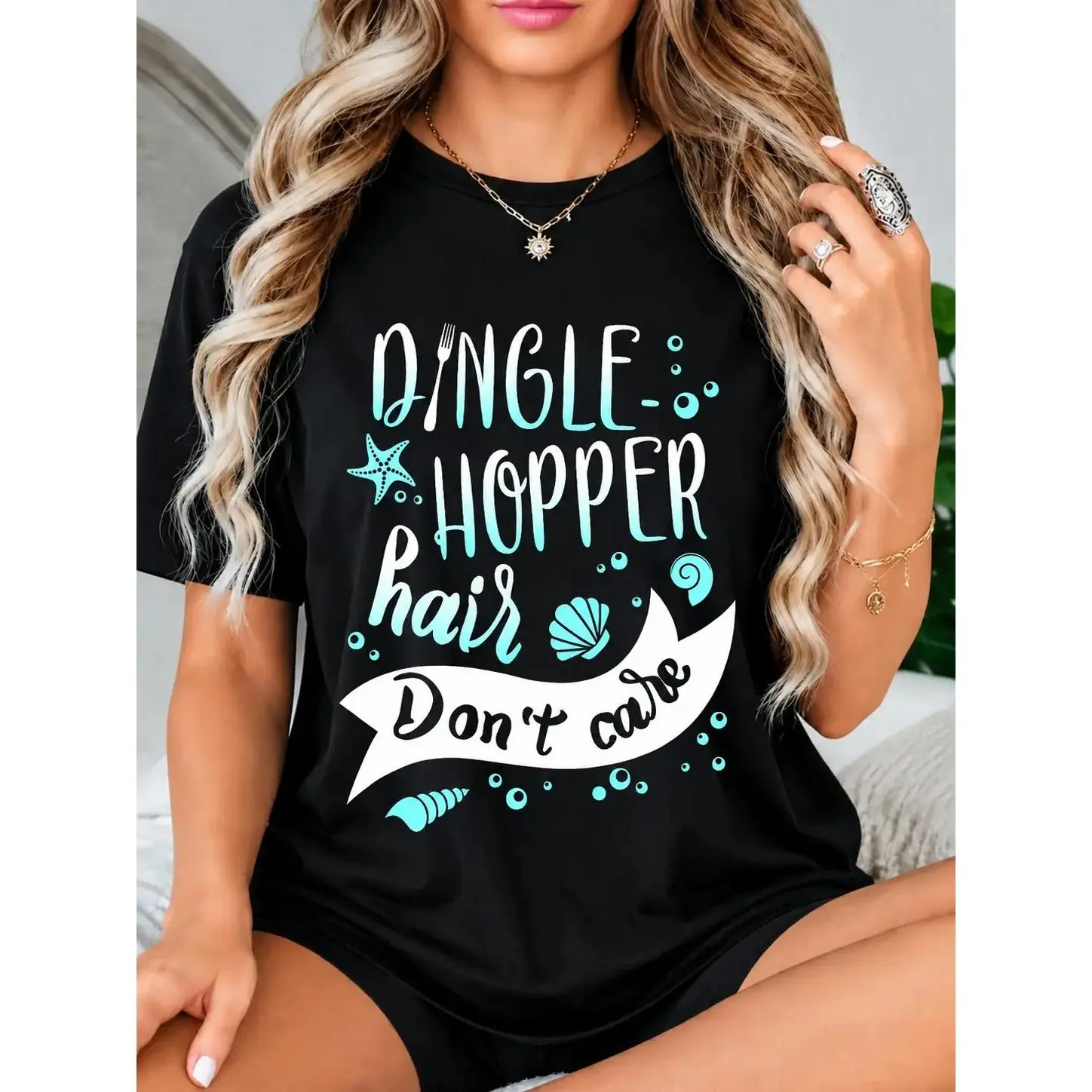 Women's 100% Cotton Round Neck Oversized Cut Unisex Relaxed Sports Top - Mermaid Theme, Printed Art, Ariel Lover Funny Gift