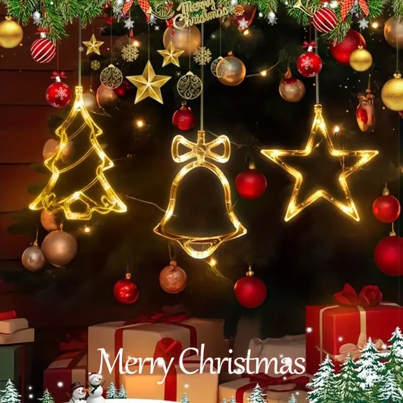 3 Pieces Christmas Window Suction Cup Lights, Battery Operated Indoor Decorative Lights, Warm White Glowing Tree Bell Star Shape LED Christmas Mood Lights for Christmas Tree Fireplace Indoor Decoration
