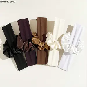 Satin Hair Styling Kit, Neutral Tone Solid Satin Scrunchies And Wide Plain Cloth Headbands Multi Color Basic Hair Tie Wrap Bundle, Silky Smooth Non Slip Hair Decor for Women Girls Daily Makeup Sports Styling