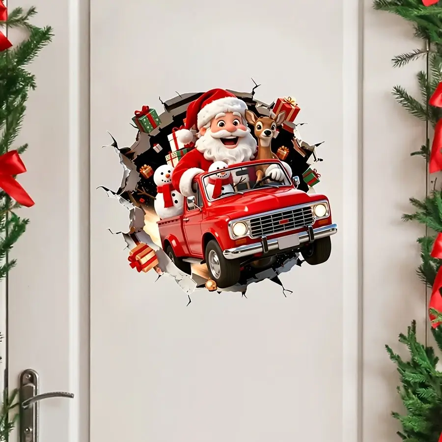 Christmas Santa Truck Wall Sticker, Reindeer Snowman Gift Box, Self-Adhesive PVC Decor, Kids Room Bedroom Party Decoration