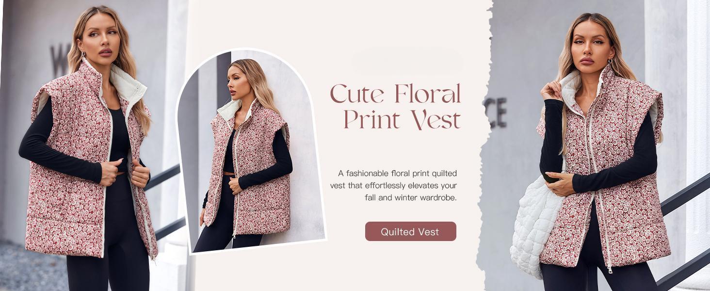 Imily Bela Womens Floral Oversized Puffer Vest Cap Sleeve Winter Warm Puffy Quilted Jackets Coat