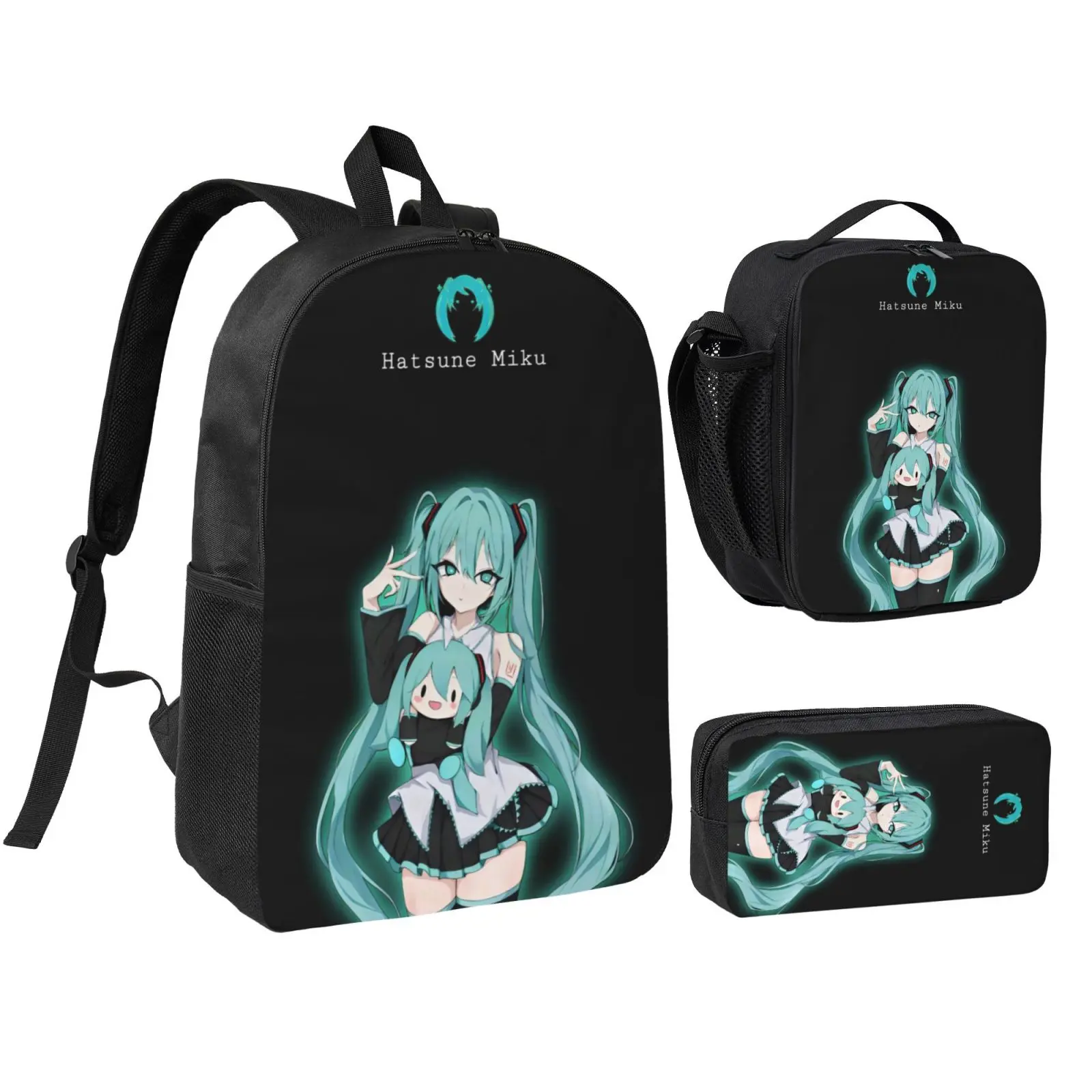 Anime Miku4 3Pcs School Backpack Set for Teens Boys Girls, Adjustable Strap Kids Bookbag with Insulated Lunch Bag & Pencil Case, Lightweight Travel Office Daypack