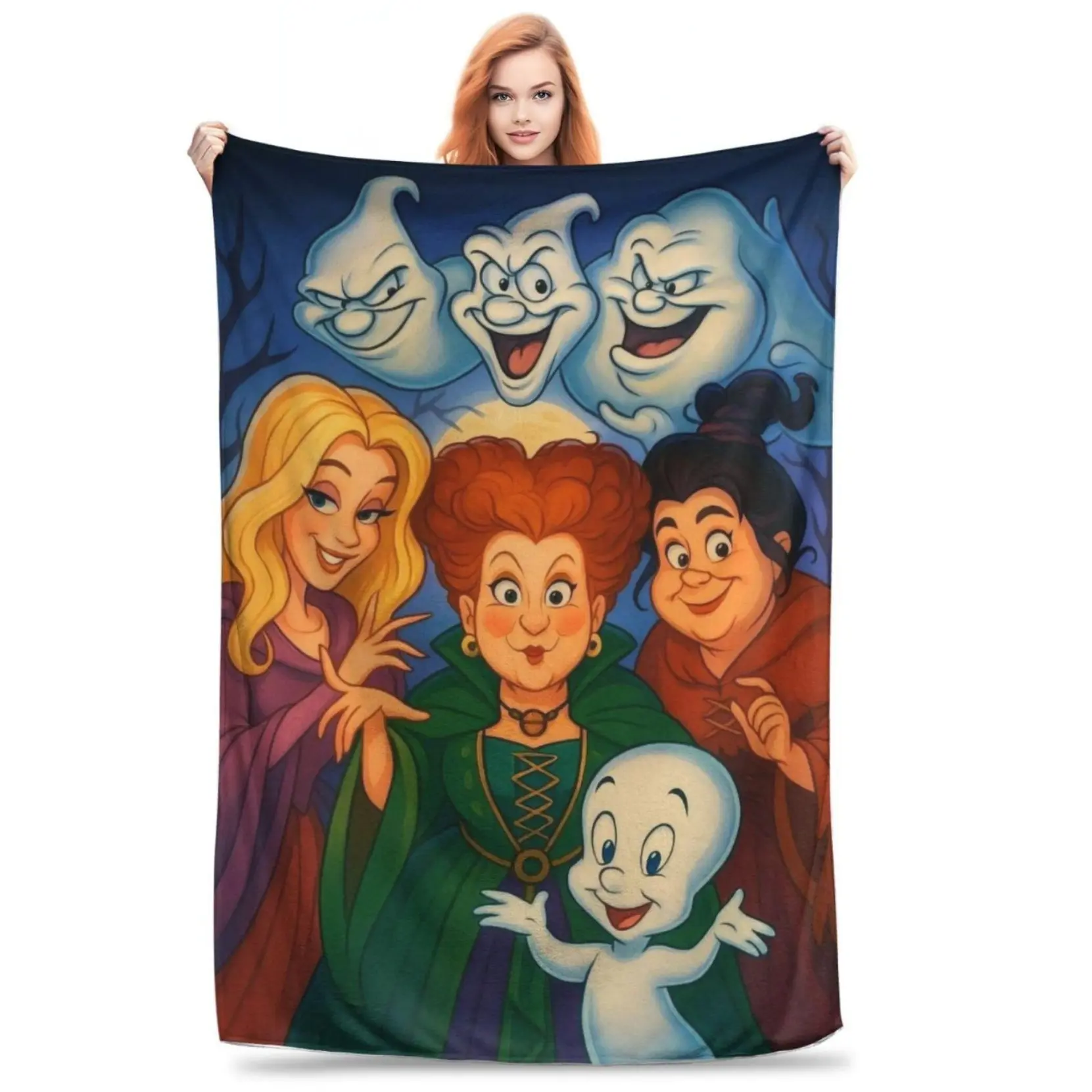 Hocus Pocus Sanderson Sisters Casper Ghost Cartoon Flannel Throw Blanket Soft Cozy Lightweight Halloween Horror Home Decor Blanket For Sofa Bed Office Travel Halloween Birthday Holiday Fan Gift Blanket