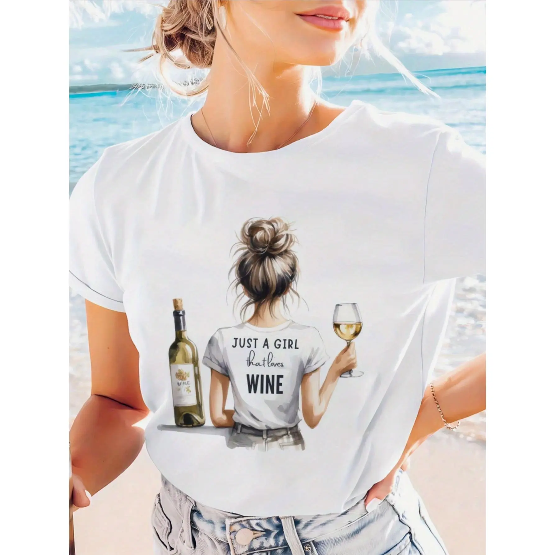 Just A Who Loves Wine Graphic Print T-Shirt - Women's Casual Short Sleeve Crew Neck Top With Dual Wine Glass Design, Medium Stretch Breathable Fabric, Machine Washable Summer & Spring Tee, Wine Lover Gifts, Leisure Wear, Playful Design holiday