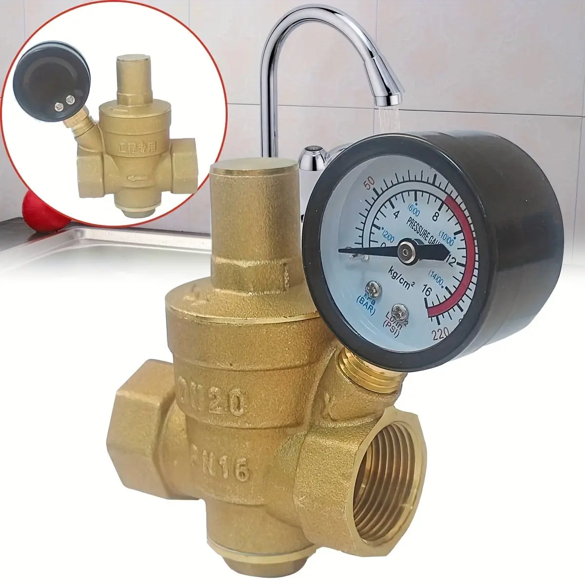 DN20 3/4" Adjustable Brass Water Pressure Reducing Regulator Valves With Gauge