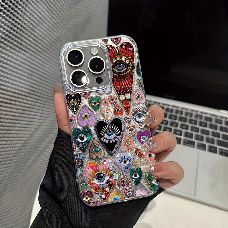 Not 3D Raised Effect,Boho Evil Eye Heart Case for iPhone 17/16/15/14/13/12/11 Pro Max/Pro/Plus/Air Beaded Holographic Shockproof Slim Fit TPU Material Eclectic Art Aesthetic Colorful Cellphone Cover Protection Smartphone Casing, Accessories, Pr,Pum,Hallo.
