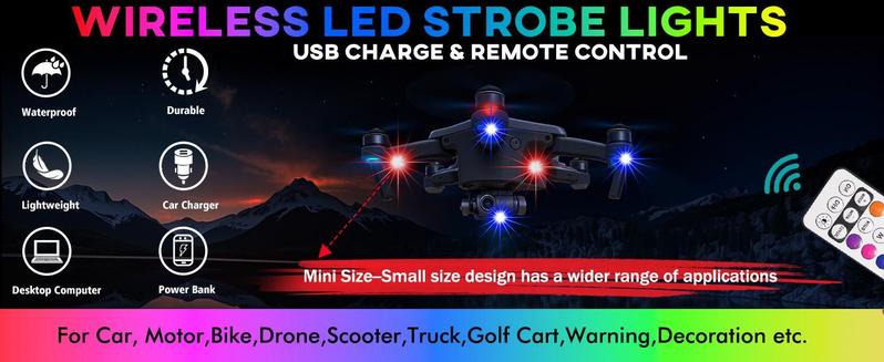 Waterproof Wireless LED Lights with Remote Control 8 Colors USB Charging Strobe Light for Cars Drones Motorcycles Bikes Trucks Emergency Warning Flashing Modes