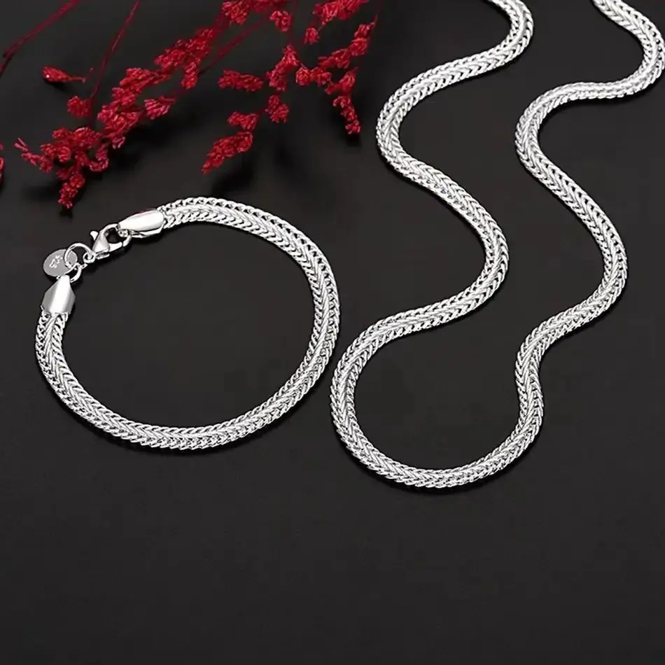 Women's 925 Sterling Silver 6MM Geometric Jewelry Sets - Fine Bracelet & Necklace for Luxury Party, Wedding Fashion Accessories