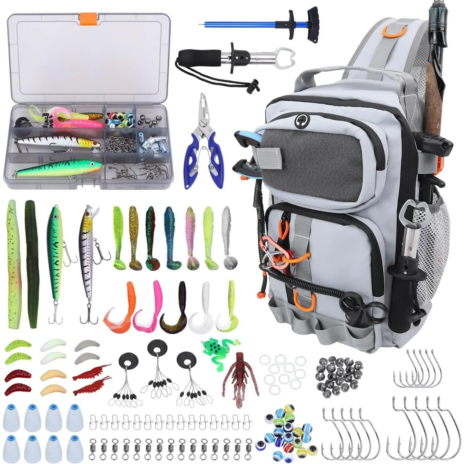 Waterproof Gray Fishing Backpack with Tackle Boxes, Fishing Shoulder Bag with Rod Holder comes with 136Pcs Fishing Lures Kit & Fishing Tools, Great Gifts for Fishing Loving Men