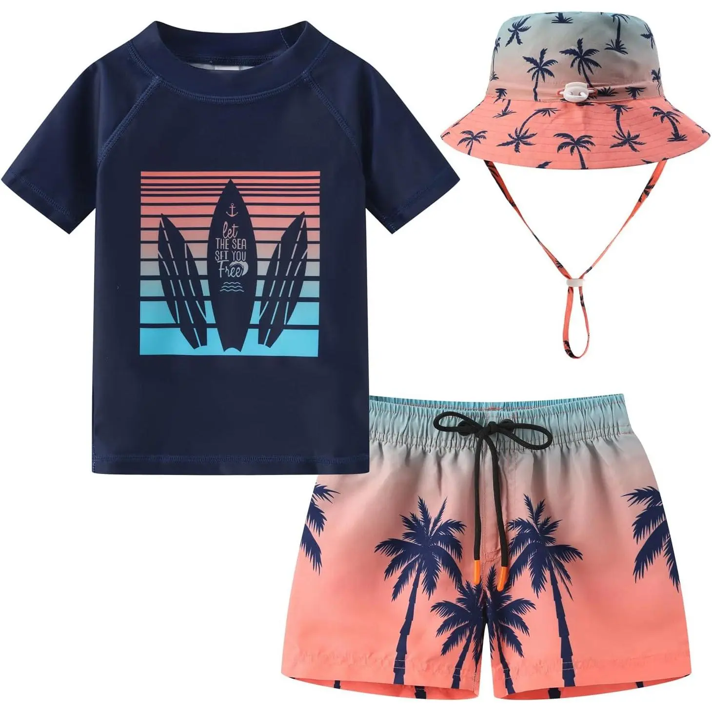 Toddlers and Baby Boys' 3-Piece Rashguard Sets Swimsuits Sets with Hat Surfing Swimwear Sunsuit UPF 50+Gift.