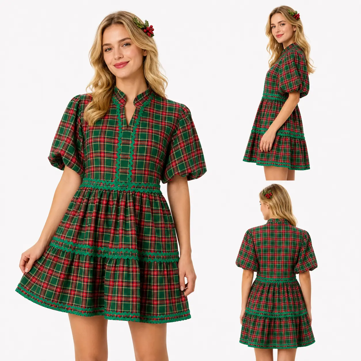 Women's Vintage Elegant Tartan Mini Dress - Casual Preppy Polyester Outfit with Puff Sleeves, Tiered Swing Skirt, Ric Rac Trim, Matching Holiday Wear for Holiday Photos