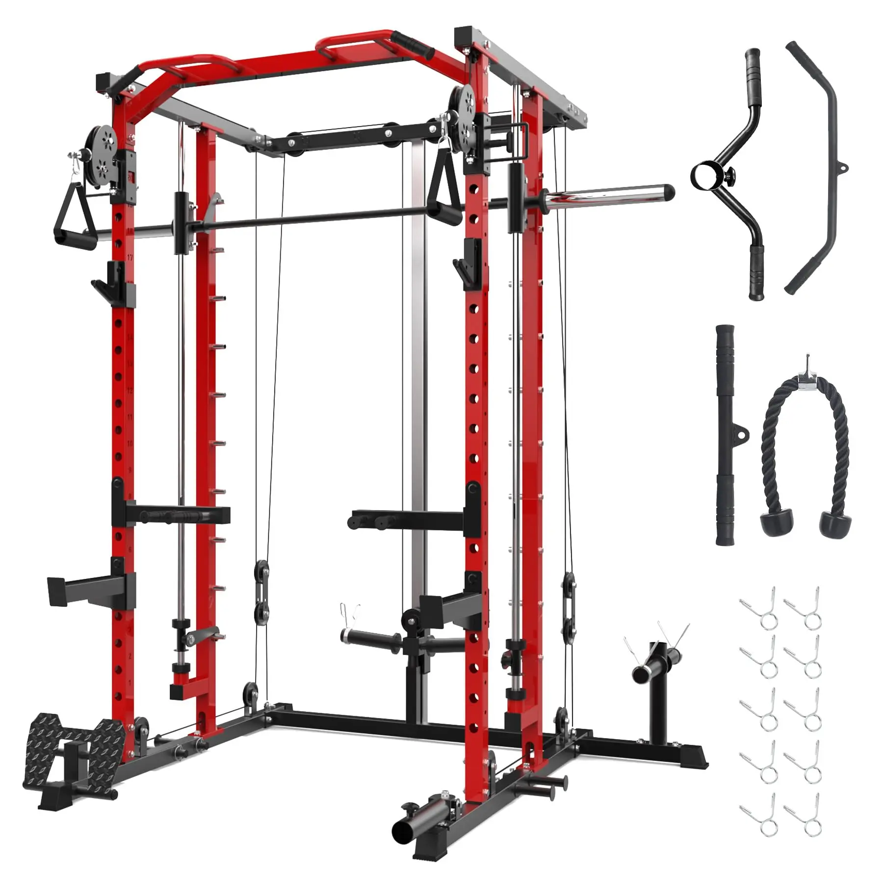 Multifunctional Power Cage Smith Machine Squat Rack – Heavy Duty Full-Body Strength Training Equipment with Pulley System, Dip Bar, and LAT Pulldown for Home Gym(3 Boxes)