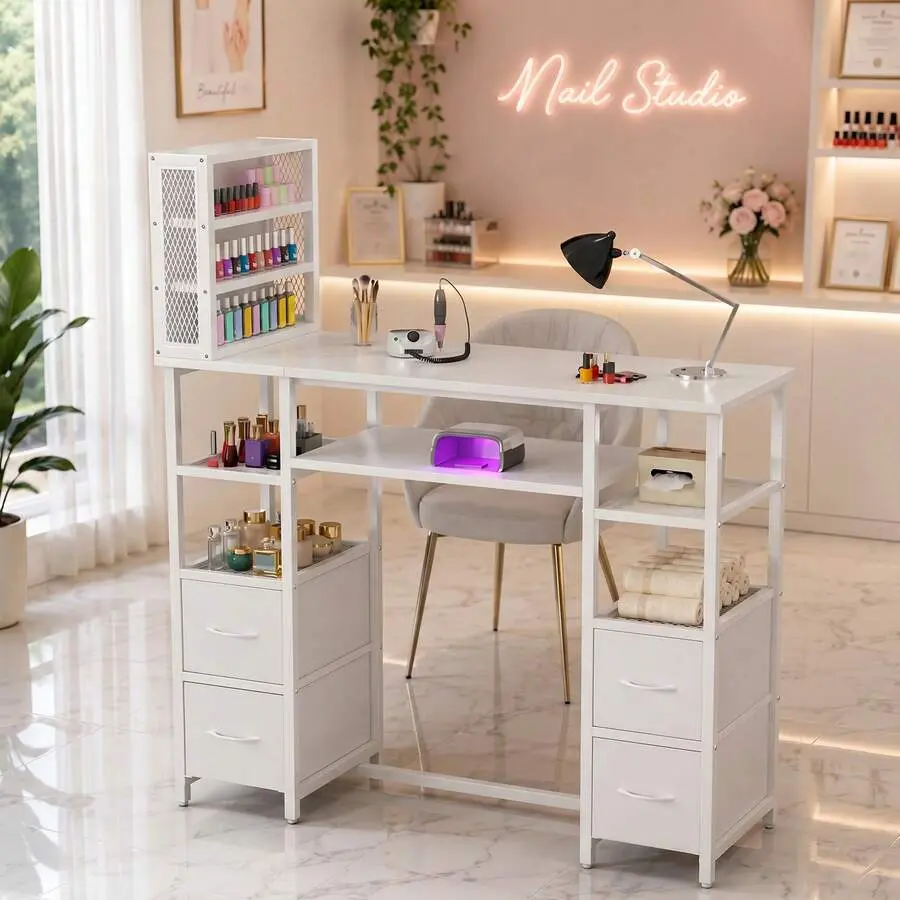 Modern Manicure Table With 3-Tier Nail Polish Rack, 4 Drawers & Open Storage Shelves, Reversible Nail Desk Nail Tech, Professional Nail Station Salon, Beauty, & Home Studio