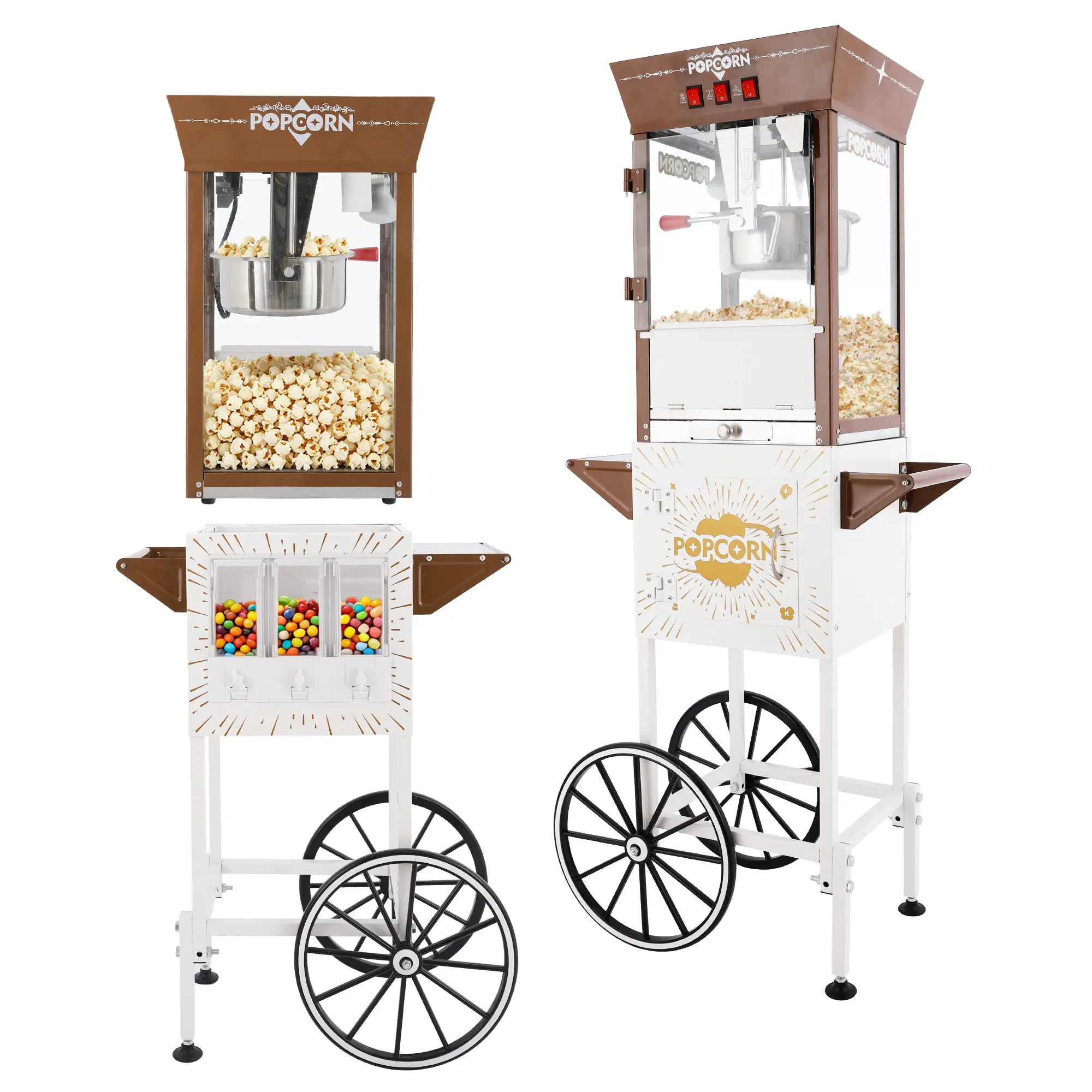 ARCH 12oz Retro White Popcorn Machine with Rolling Cart, 3 Independent Control Switches & 3 Candy Boxes, Commercial Popcorn Maker for Theater Snack Bar, Stainless Steel, Brown + Antique White, 15.35 W x 23.35 D x 54.09 H in, Stainless Steel Material