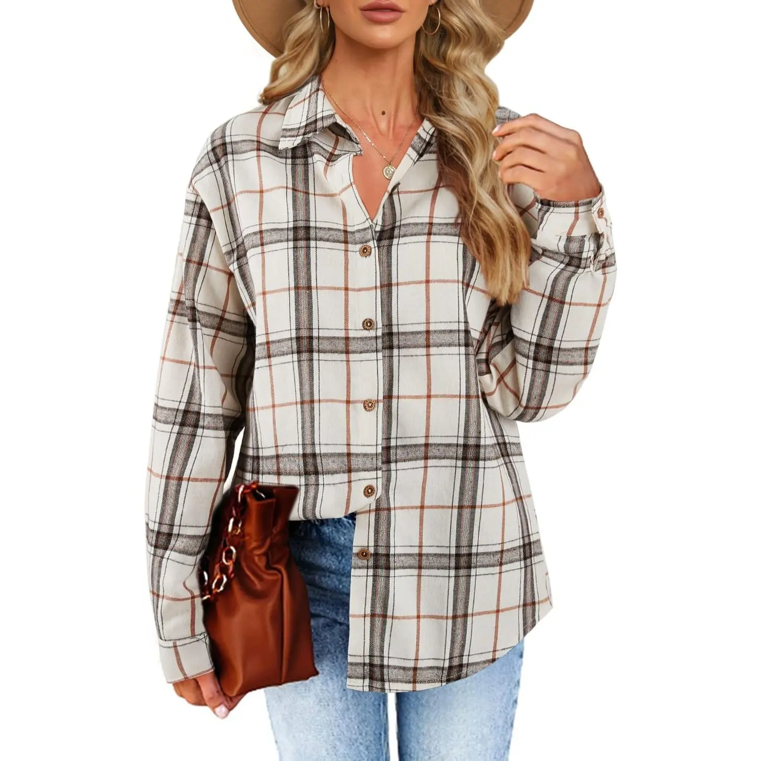 Womens Long Sleeve Plaid Shirts Flannel Collared Button Down Shackets Casual Rolled Up Boyfriend Blouses Top