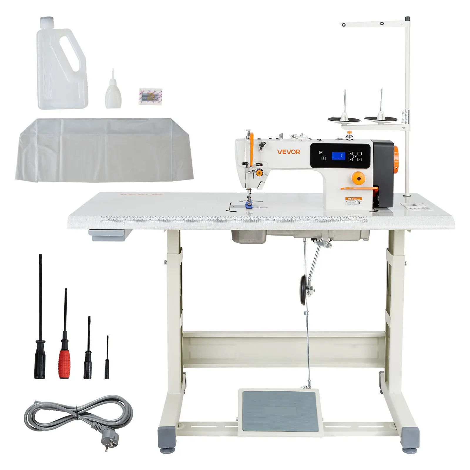 VEVOR Industrial Sewing Machine, 550W Lockstitch Sewing Machine Set with Servo Motor and Table Stand, Auto Thread Trimmer, 5000 SPM High Speed, Metal Frame, LCD Panel, LED Light, for Cotton, Denim, The Table Stand and the machine head Are Shipped Separ...