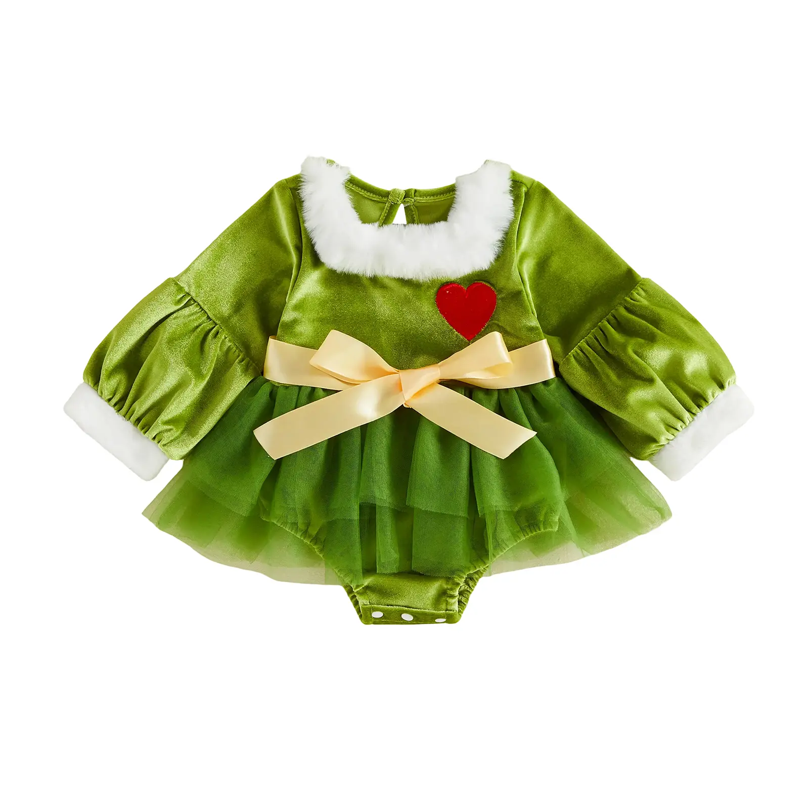 Canrulo Newborn Baby Girls Grinch Green Velvet Fuzzy Collar Red Heart Bow Sash Tulle Tutu Long Sleeve Romper Dress Christmas Costume 0‑18M