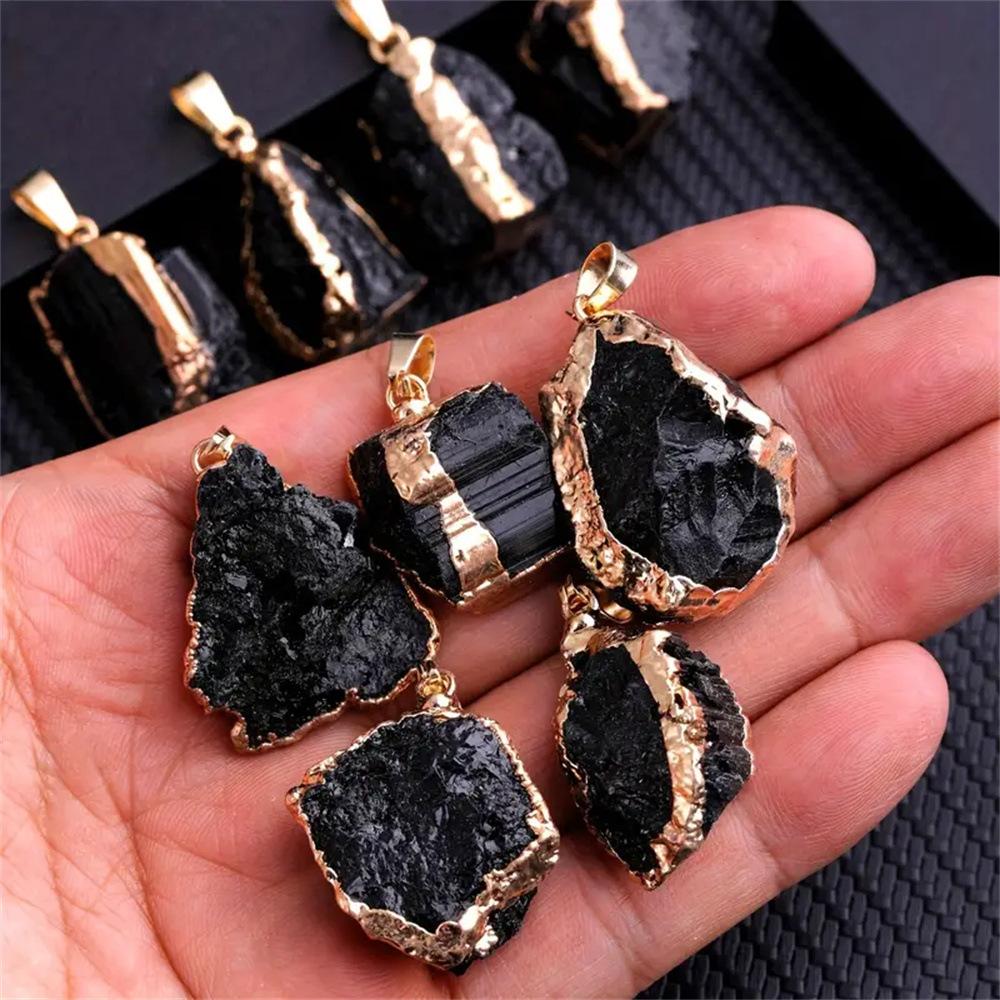 Natural Black Tourmaline Raw Stone Gold Plated Edge Pendant Necklace with Black Leather Cord, Healing Crystal Protection Jewelry, Trendy Minimalist Energy Stone Necklace for Men Women, Spiritual Negative Energy Cleansing Amulet for Daily Wear