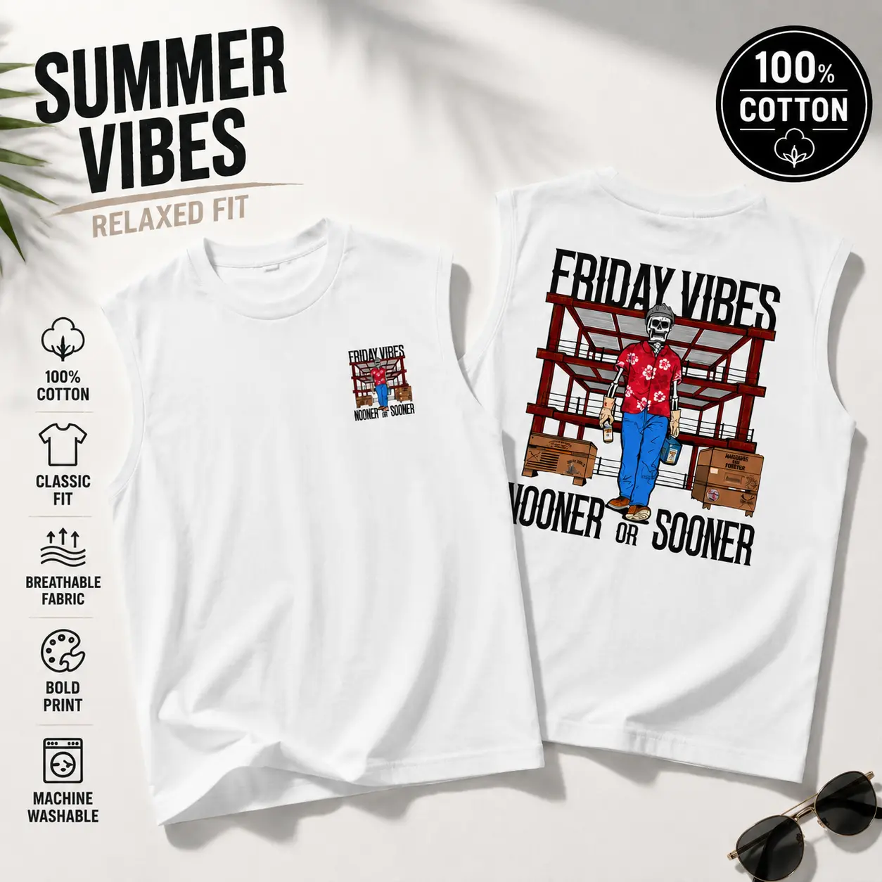 Men’s 100% Cotton Tank Top, Soft Breathable Sleeveless Shirt with Vintage Graphic Print Design, Casual Summer Muscle Tee, Relaxed Fit Streetwear Top for Beach, Gym, Outdoor Activities and Everyday Wear