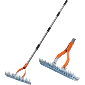Thatch Rake for Lawn, 15-Inch Dethatcher Rake with Adjustable Sectional Handle, Heavy Duty Steel Lawn Rake for Removing  Grass, Efficient Grass Dethatching Tool for Yard and Garden