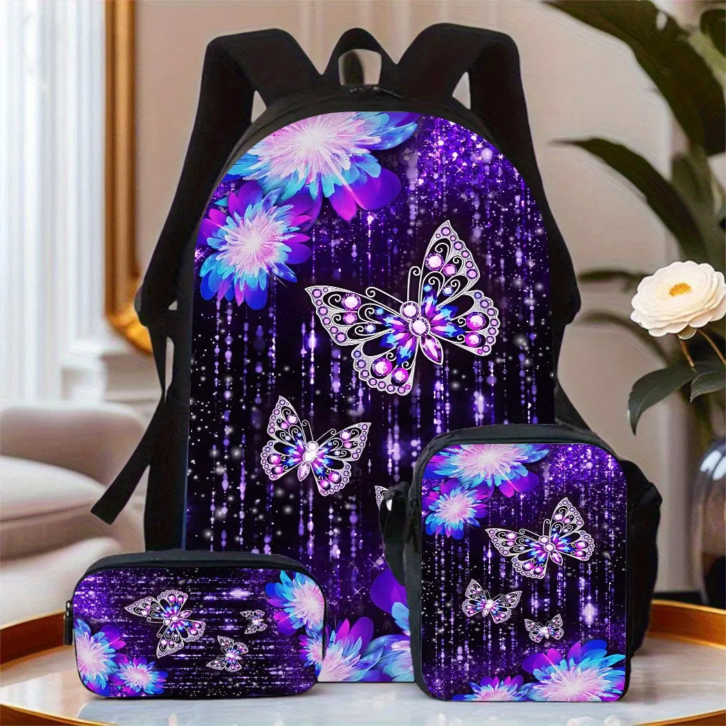 This 3-piece butterfly-themed unisex backpack set includes a backpack, pencil case, and crossbody bag. Featuring a cool handle print and a large capacity laptop backpack, it's ideal for daily commutes and a perfect gift for friends and family.