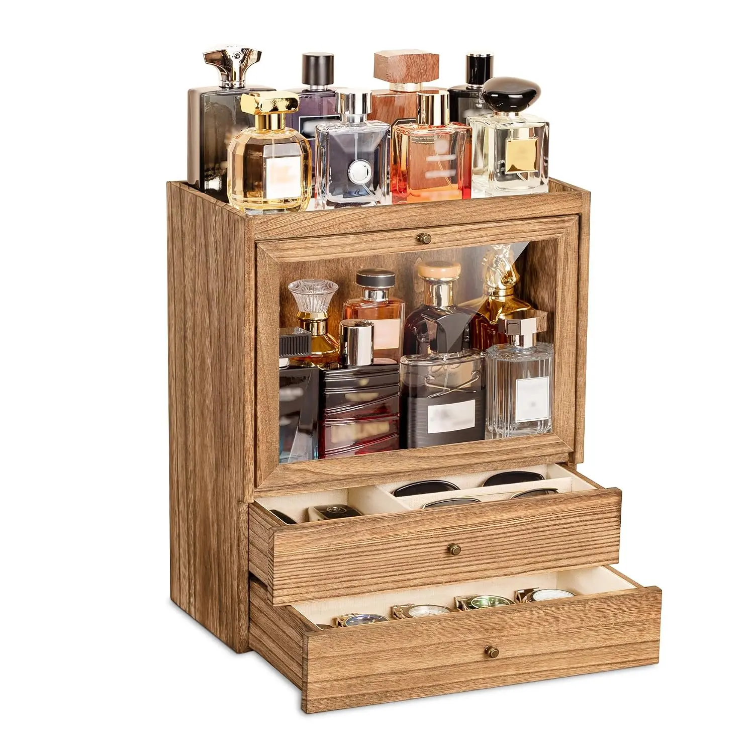 Cologne Organizer, 4 Tier Vertical  Perfume Stand for Men, Large Capacity  Perfumes Organizer Cologne Stand with Double Drawer Storage,  for Loved ones (Brown)