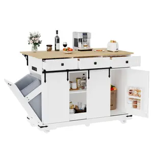 Garvee Rolling Large Kitchen Island Cart with Power Outlet, 3 Drawers, Drop Leaf, Trash Can Storage, Spice Rack, Towel Rack Holder, Mobile Island Table in White for Versatile Kitchen Use