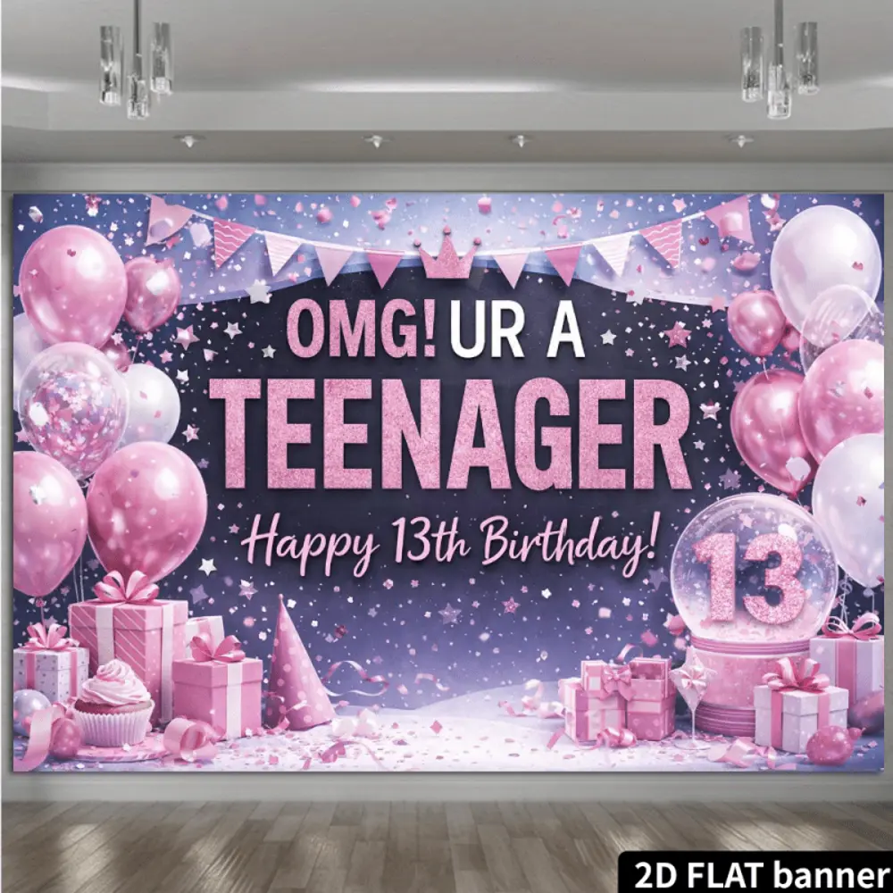 13th Birthday Polyester Photography Backdrop - 2D Flat Pink Themed Banner, HD Print, Soft Lightweight Foldable Cloth for Teenager Party Decor, Portrait Photos, Photography Equipment, Sheet