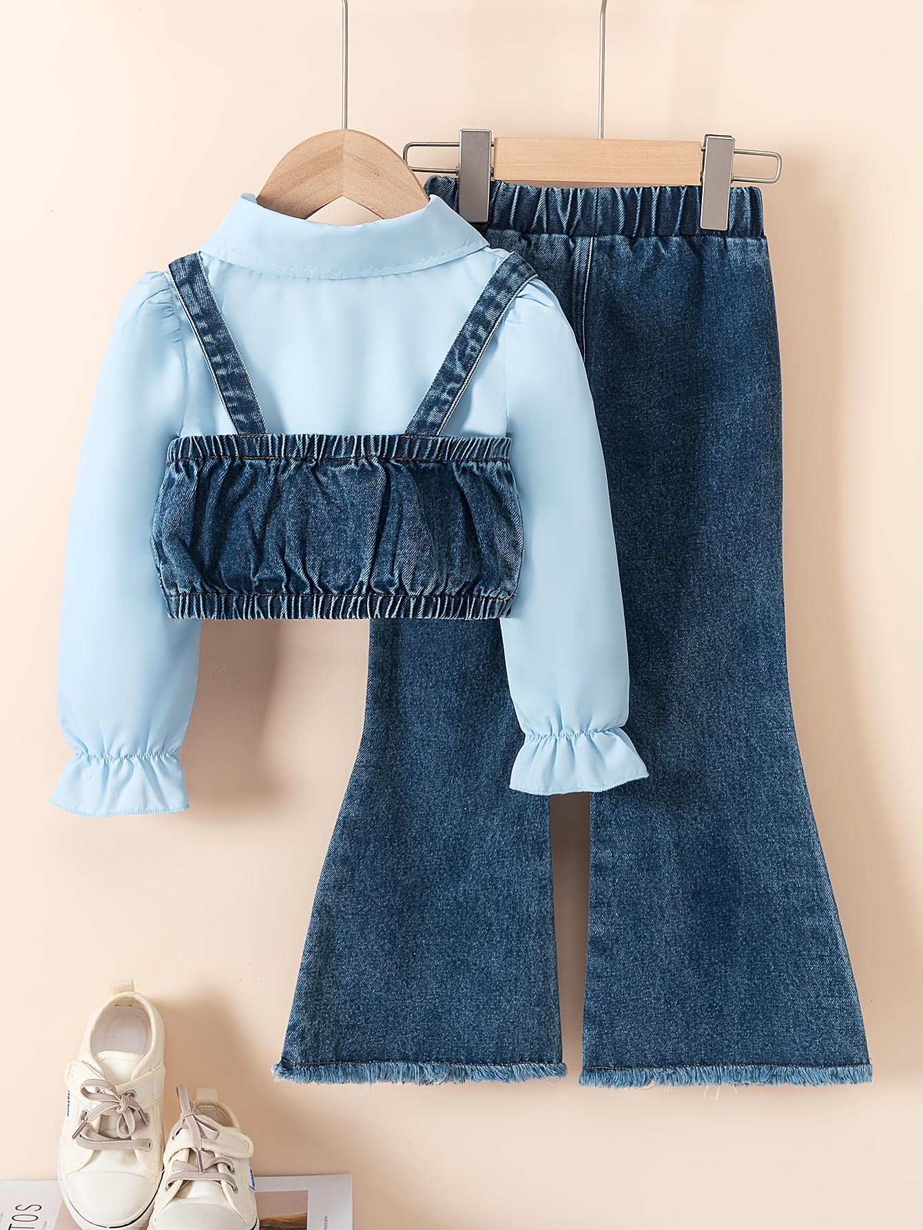 (New)3pcs Set for Girls: Solid-Color Long Sleeve Shirt, Denim Vest, Bead-Decorated Flared Bell-Bottom Jeans |     Casual Daily Wear, Non-Stretch Fabric, Regular Fit, for Outdoor(Gift)11
