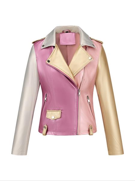 Women's Spring Four-Season Motorcycle Jacket, Fashionable Lapel Zipper Waist Cinched Patchwork Short Coat with Pockets, Fall Winter Outerwear
