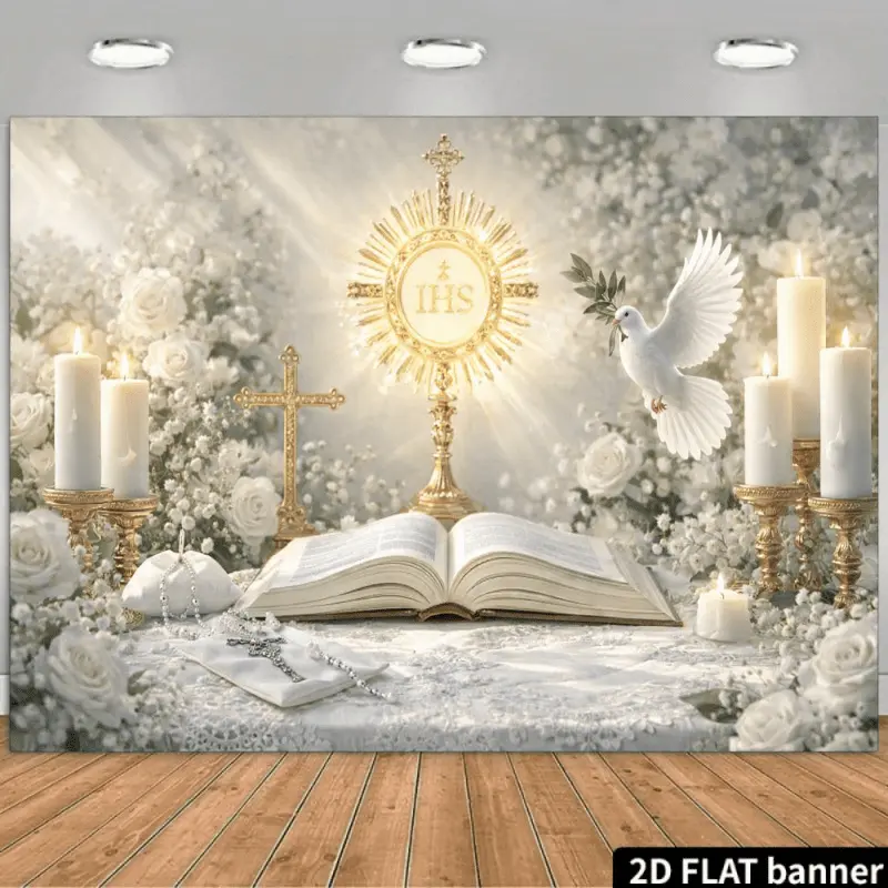 Polyester Holy Bible & Golden Cross Life Size Festive Backdrop, White Dove Religious Party Banner, Baptism Room Decor, Christian Aesthetic Tapestry, Birthday-Themed Festive Backdrops & Banners, Life Size Festive Backdrops & Banners