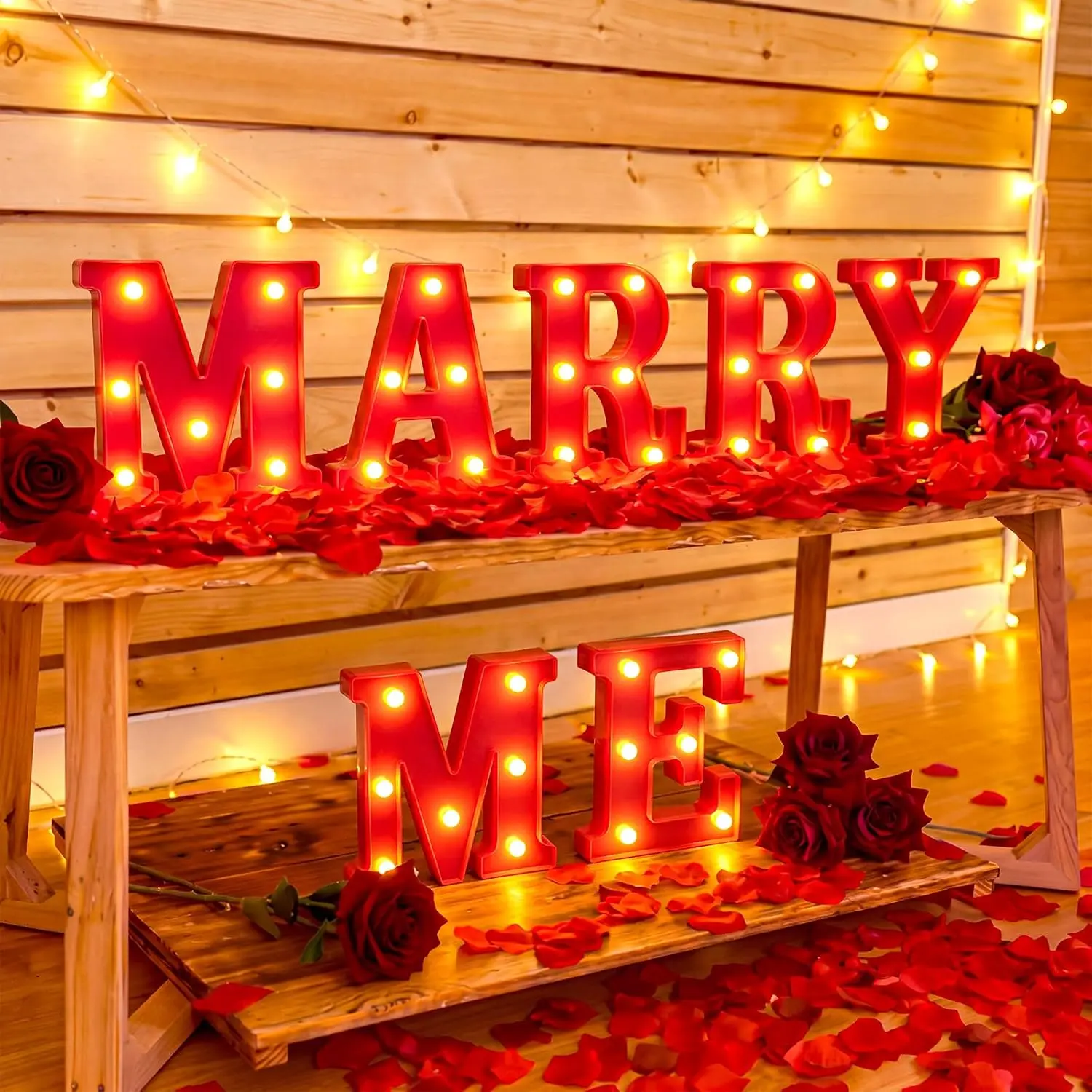 Marry Me Letters Light Proposal Decorations Set Includes 7 LED 6.3" Romantic Marry Me Sign and 1000 Rose Petals for Proposal Engagement Wedding Decor(Red)