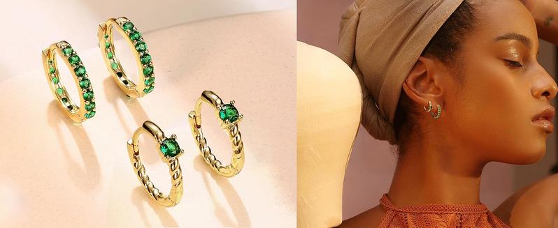 Zelores 6Pairs 14K Gold Plated Hoop Earrings for Women 6 Pairs Emerald Green Earrings Dainty Small Hoop Earrings Stud Earrings Sets for Multiple Piercing