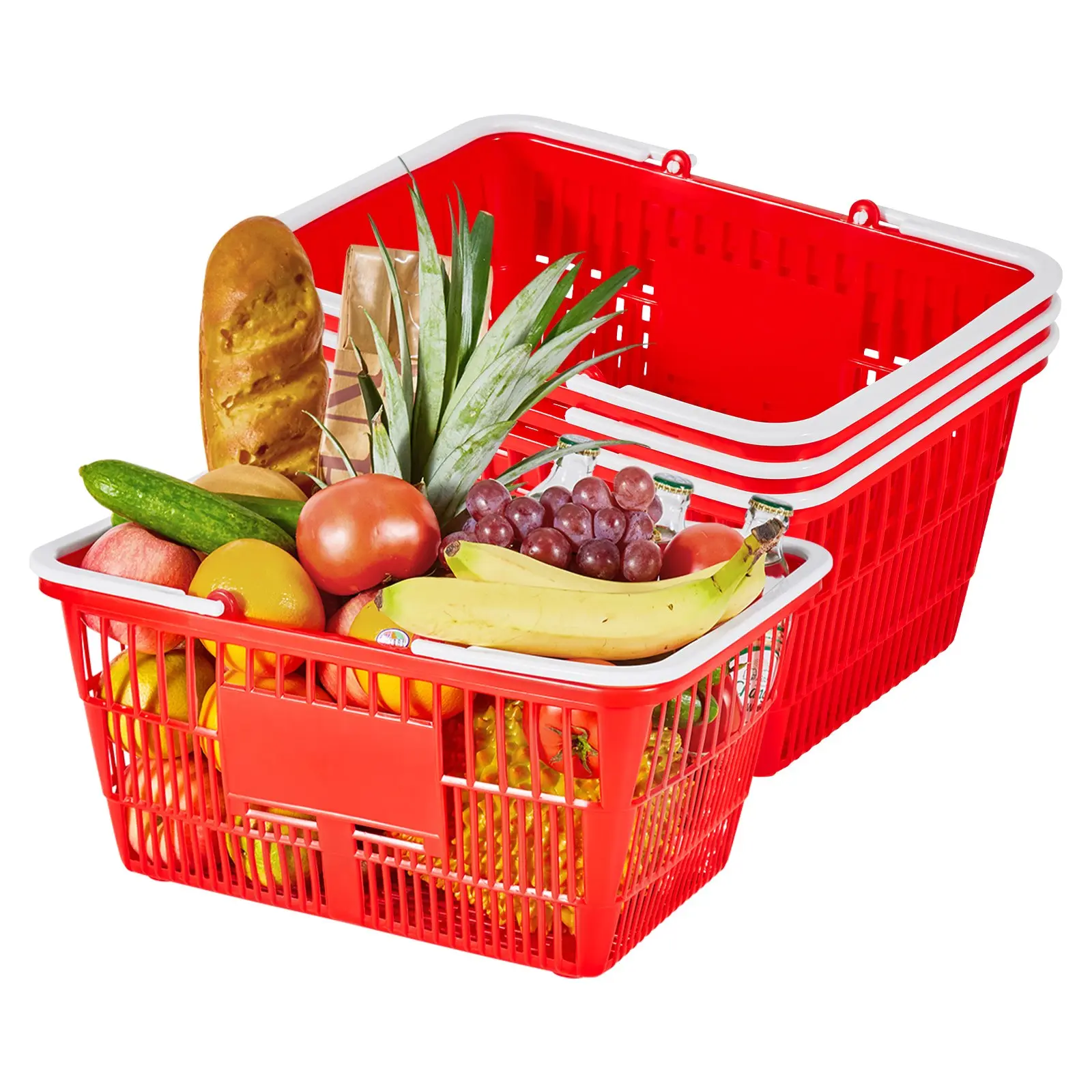 【DealsForYouDays】VEVOR Shopping Baskets, 4 PCS, 21L Stackable PE Plastic Grocery Baskets with Handles, Dense Mesh Structure, Holds up to 20 lbs, Portable for Grocery, Retail, Stores, Supermarket, Home Use, Red