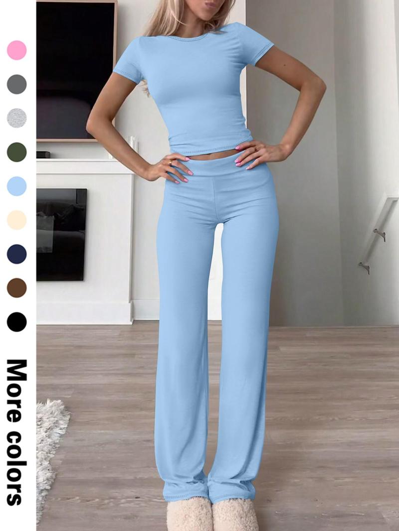 Women's Solid Crop Tee & Flare Leg Pants Two-piece Set, Casual Fashion Cozy Breathable Two Piece Outfits for Daily Outdoor Wear, Ladies Clothes for All Seasons