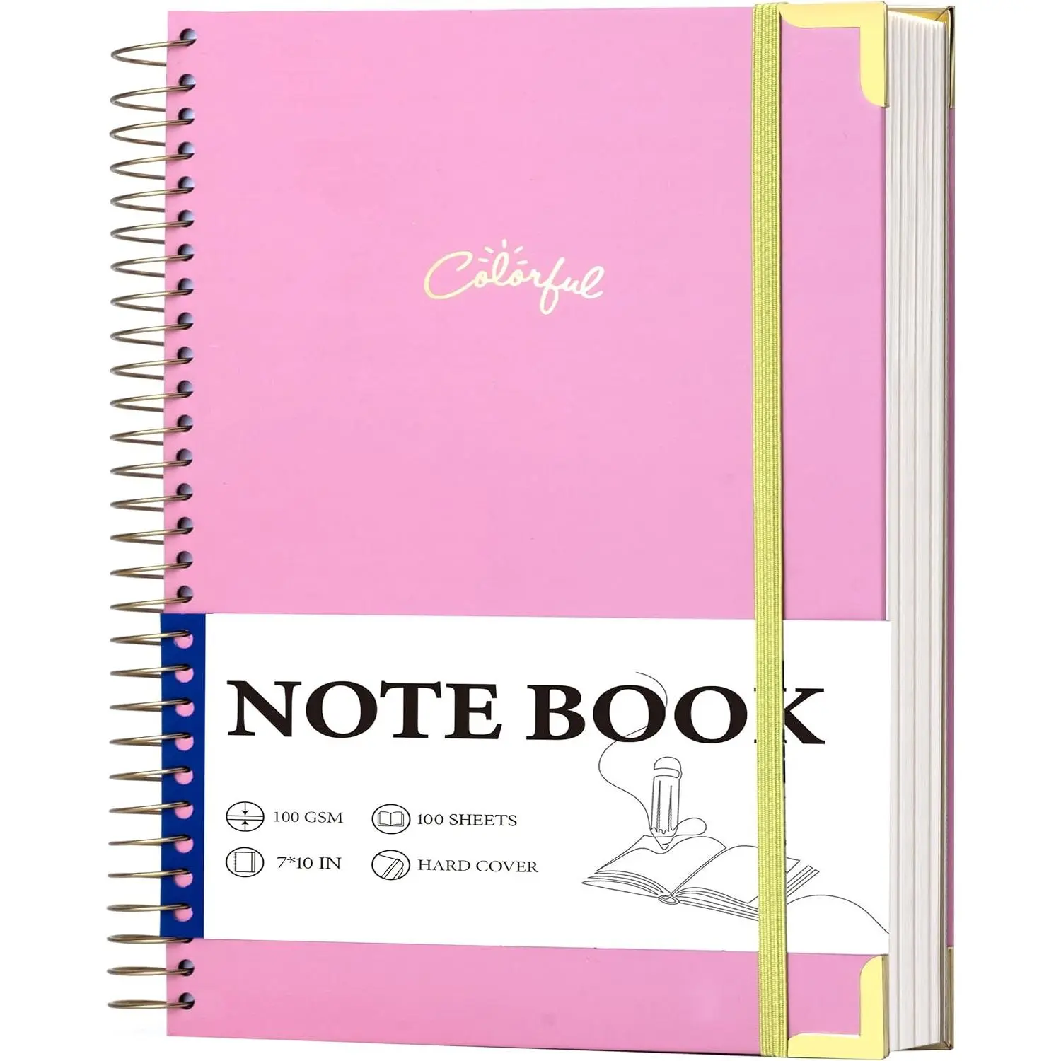 B5 Hardcover Spiral Notebook, College Ruled, 200 Pages (100 GSM) with Inner Pockets, Elastic Closure, Corner Guards, Lays Flat for School/Work Note Taking, Women/Men, Blue