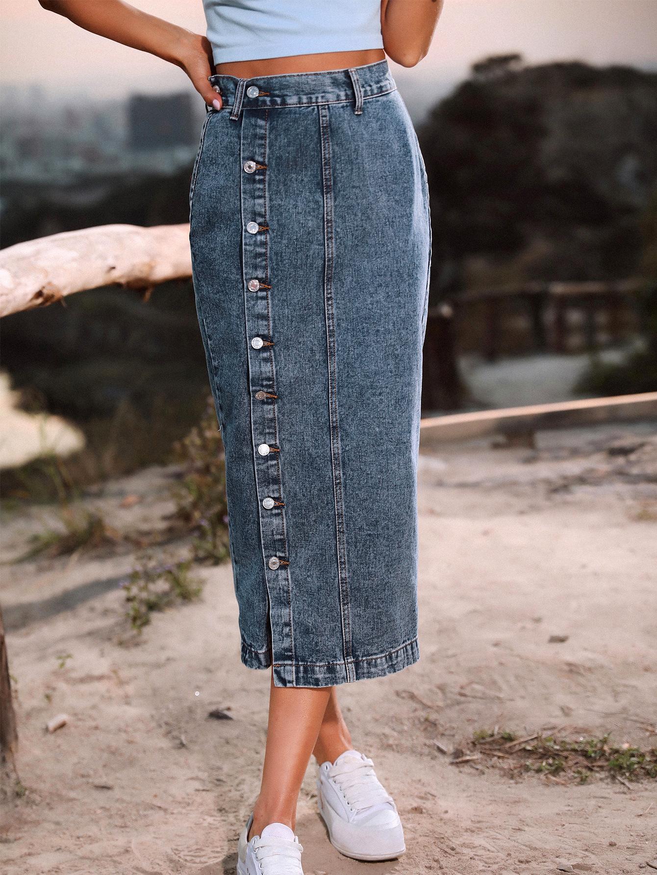 Women's clothing European and American INS irregular split denim high waist skirt