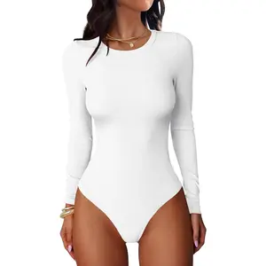 Women Long Sleeve Crew Neck Bodysuits Top 2026 Fall Slim Fit Ribbed Knit Soft Basic Tee Shirts Layering Clothing