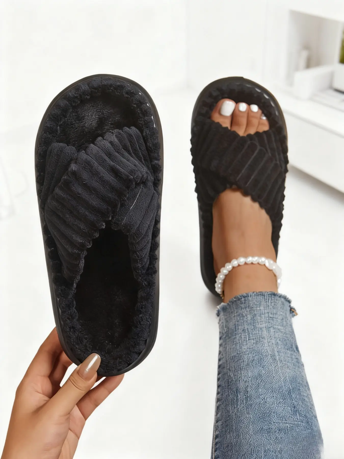 Women's Minimalist Plush Home Slippers, Open-Toe Bedroom Sandals, Casual Soft Sole Slippers, Warm Fuzzy Shoes, Walking Shoes