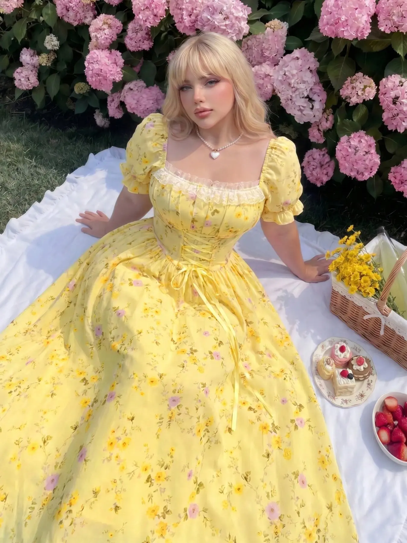 Plus Size French Cottagecore Floral Square Neck Lace Bubble Sleeve Waist Cinch A-Line Long Dress, Victorian Vintage Retro Tie Summer Vacation Dress