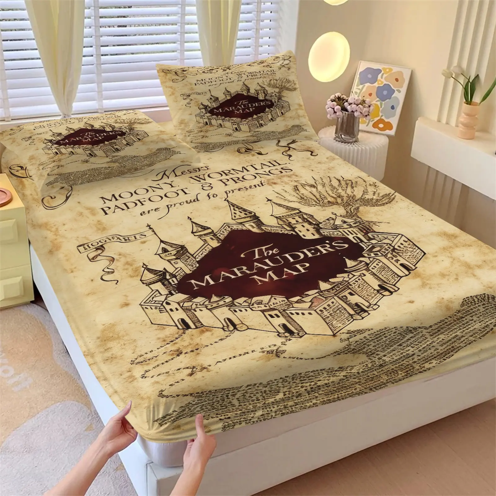 3Pcs Skin Friendly Microfiber Stretch Deep Pocket Marauders Map Vintage Style Fitted Sheet Set Stain Resistant Elastic Mattress Cover With Pillowcases Cool Unique Wizard Themed Bedroom Makeover Bedding