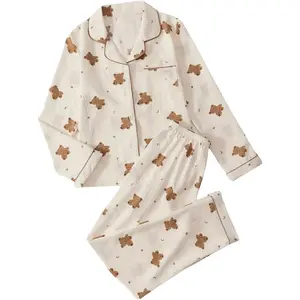 BEAUDRM Women's 2 Piece Pj Set Cherry Print Pajama Long Sleeve Button Up Collar Tops and Pants Nightwear Sleepwear Lounge Set