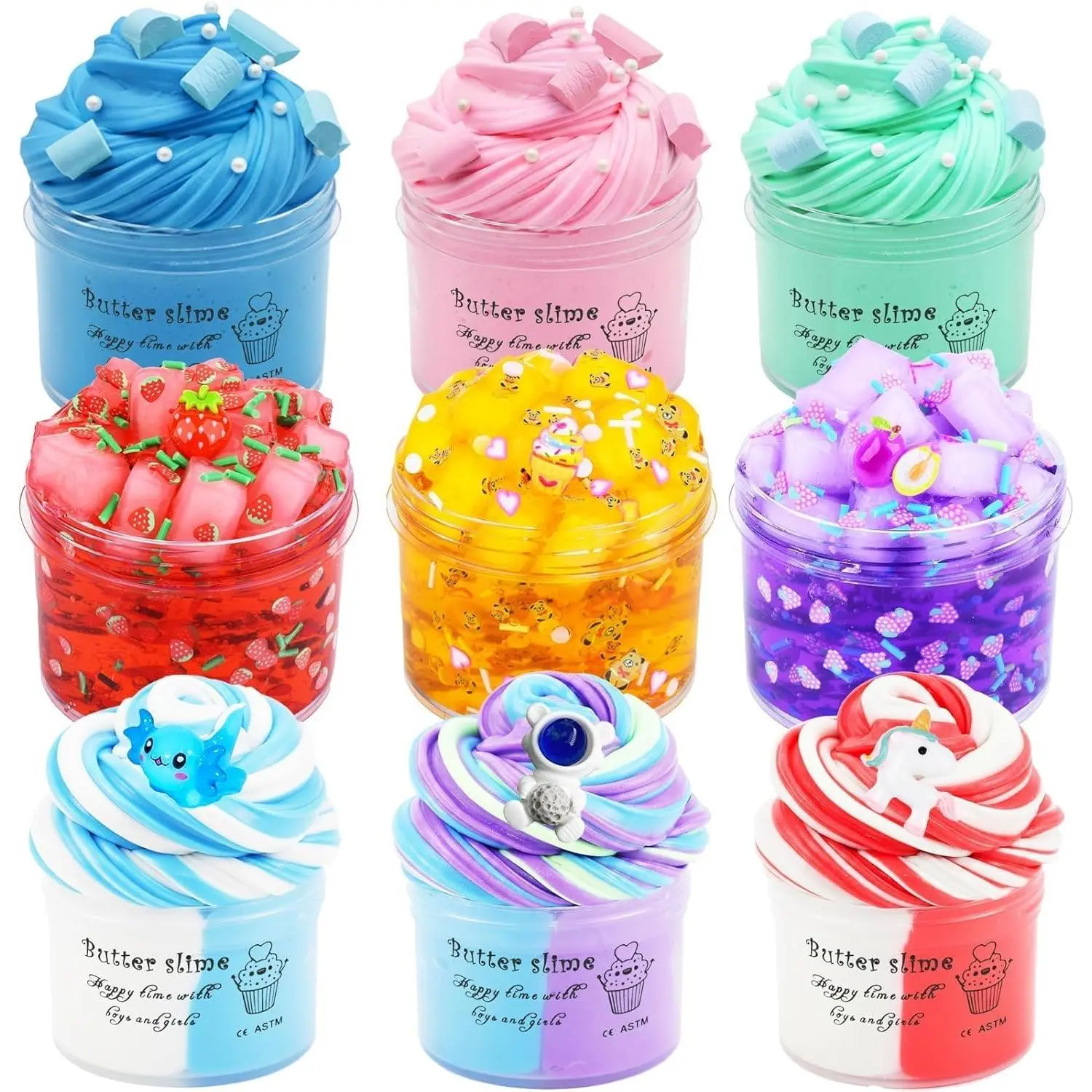 9 Pack Slime Kit - 6 Butter & 3 Jelly Cube Crunchy Sli with Astronaut Add-ins, Soft & Non Stick, Party Favors for Girls & Boys, Birthday Favors, Stress Relief, Fidget Toys for Girls and Boys