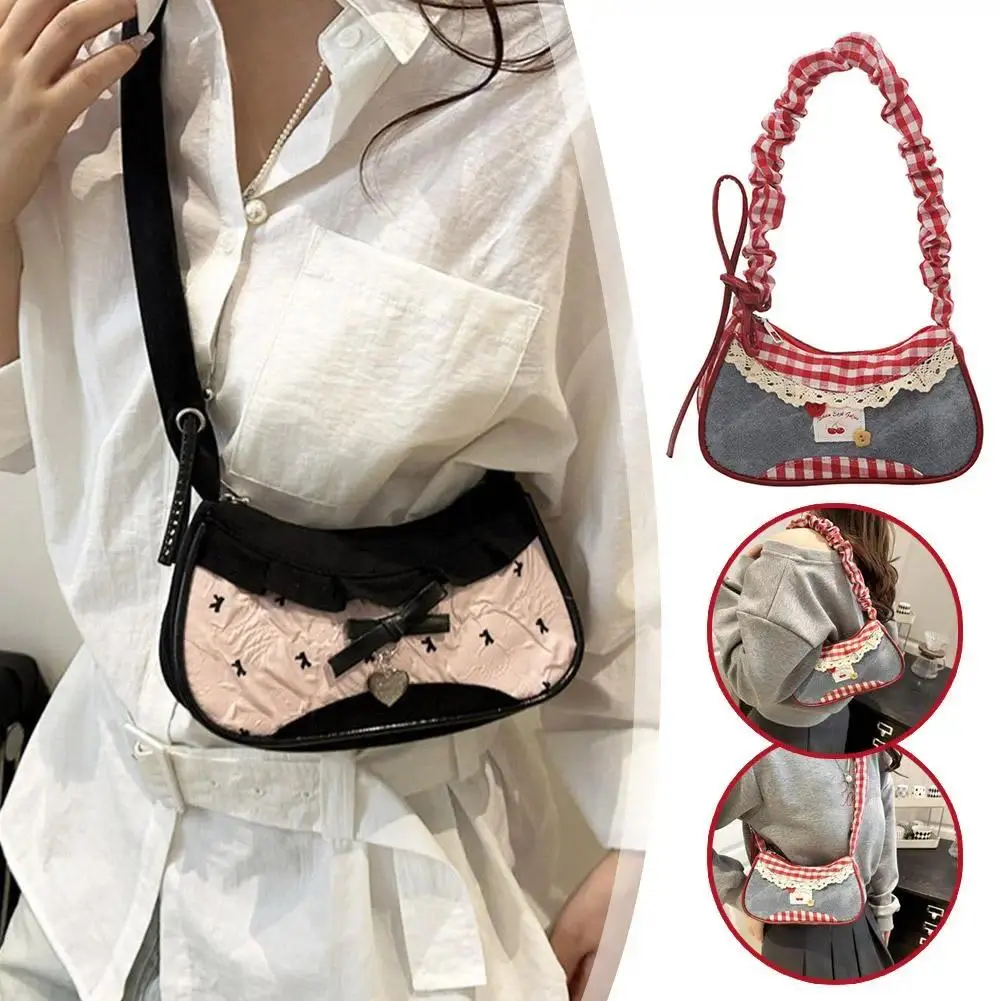 Cute Checkered Bow Underarm Bag for Women, Y2K Fashion Lace Detail Shoulder & Crossbody Handbag, Vintage-Inspired Casual Daily Commuter Purse, Versatile Small Capacity Armpit Bag for School, Shopping & Travel, Lightweight Chic Street Style Accessory, Comp