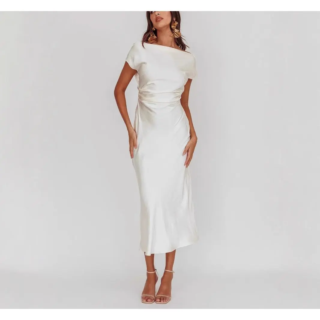 Women's Solid Satin Off-the-Shoulder Draped Slim-Fit Midi Formal Dress - Polyester Pullover, Open Back, Shortsleeve Option, Elegant Wedding Guest Gown for Cocktail Prom