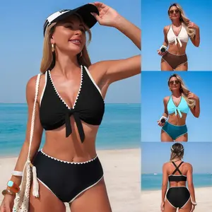 Women's High Waisted Color Block Bikini Set - Tie Front Push Up Two Piece Swimsuit with High Cut Bottom for Summer Beach