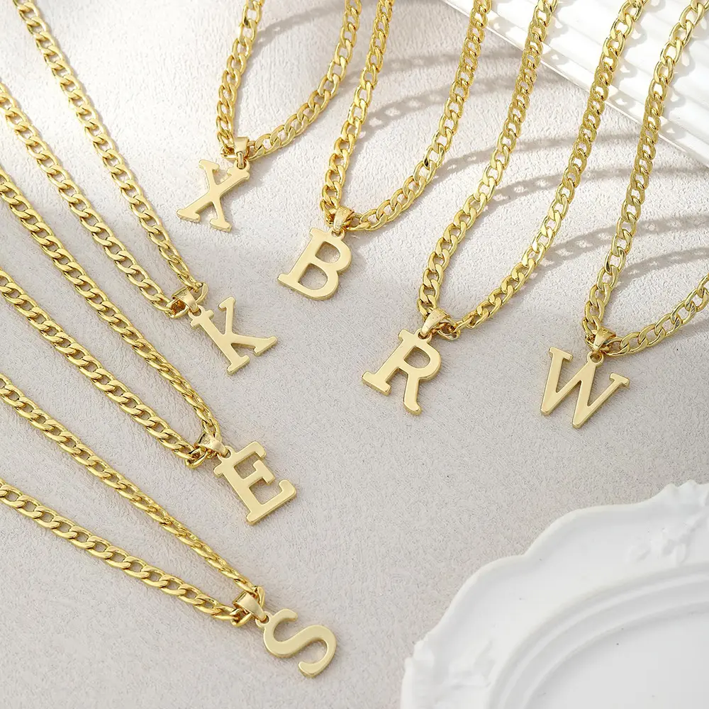 14K Gold Plated Initial Necklace for Women Men, Minimalist A-Z Letter Pendant Necklaces Stainless Steel Trendy Cuban Chain Unisex Name Initial Pendant Clavicle Chain Couple Necklaces Holiday Gift