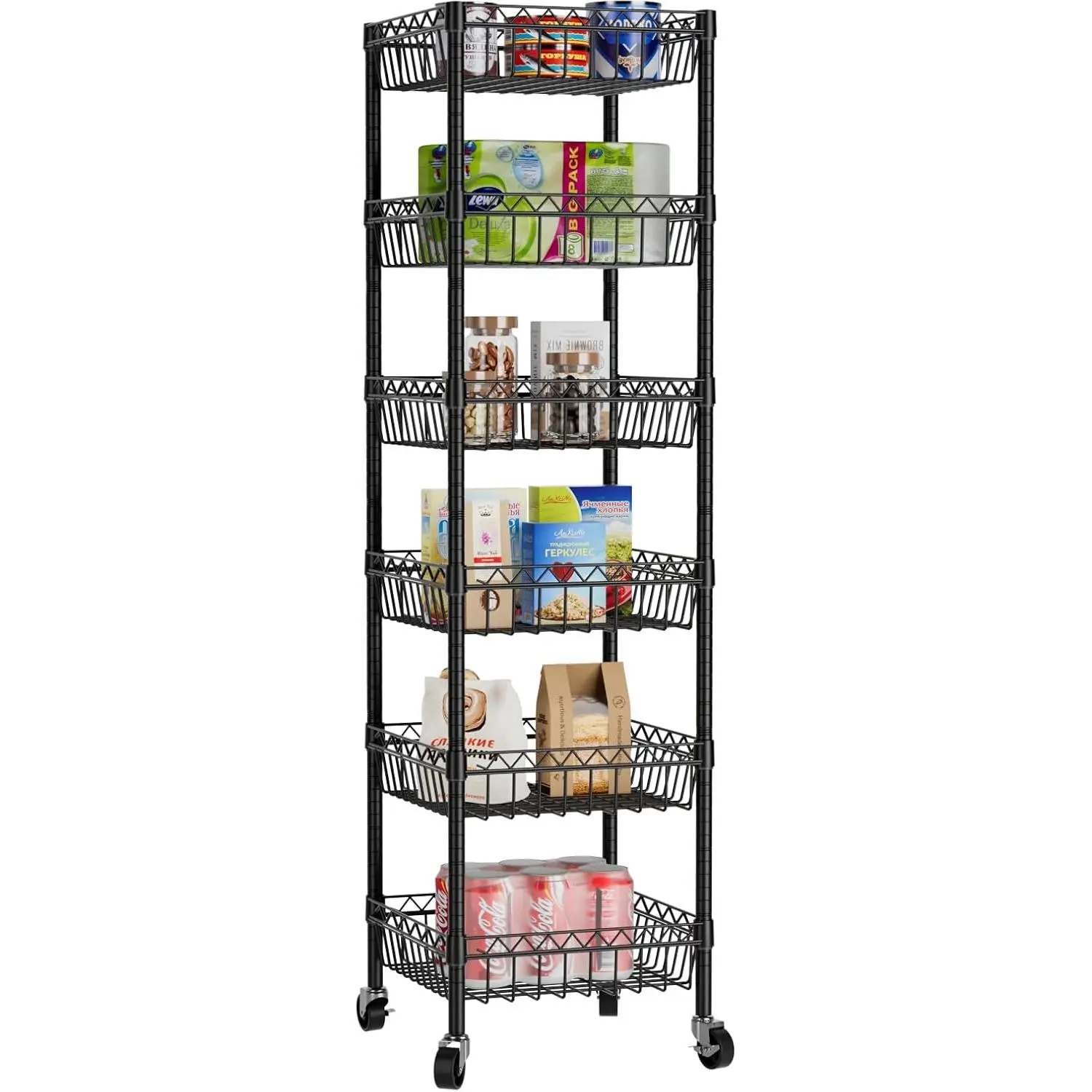 Basket Shelves Closet Rack with Wheels Metal Pantry Wire Shelf Unit | 6 tier Storage Rolling Shelving Bathroom Organizers Kitchen Garage Laundry Room Organization  13.6"Dx13.6"Wx63"H Black