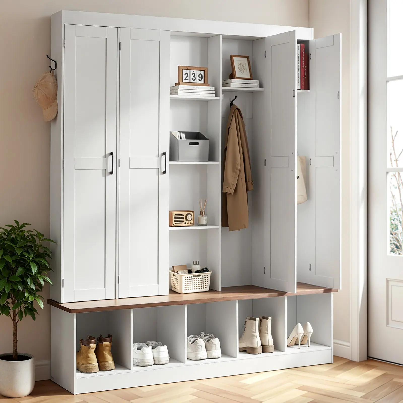 VEVOR 63 in Multi-Storage Particle Board Hall Tree, 4-in-1 Entryway Furniture with Bench, Hanging Hooks, Storage Cabinet & Shoe Cabinet for Mudroom, Hallway, White, Easy Assembly